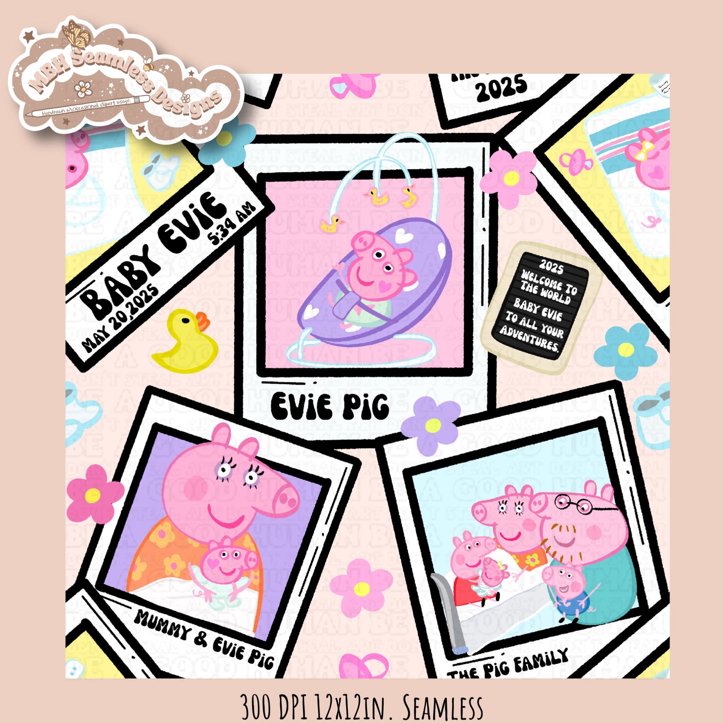 Black Outline Evie Pig Polaroids Seamless Pattern • Multiple Colorway Options