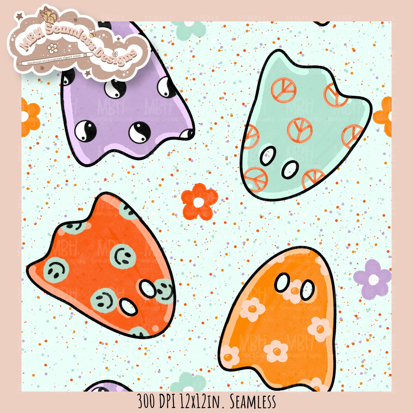 Groovy Ghouls Seamless Pattern // PNG // Assorted Colorway Options