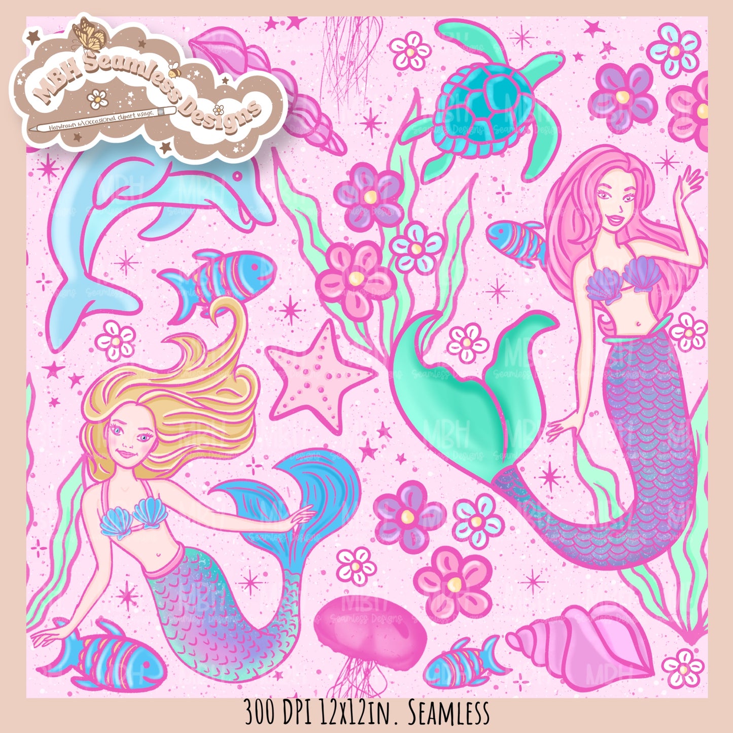 Barbie Mermaids Seamless Pattern //  MULTIPLE COLORWAYS
