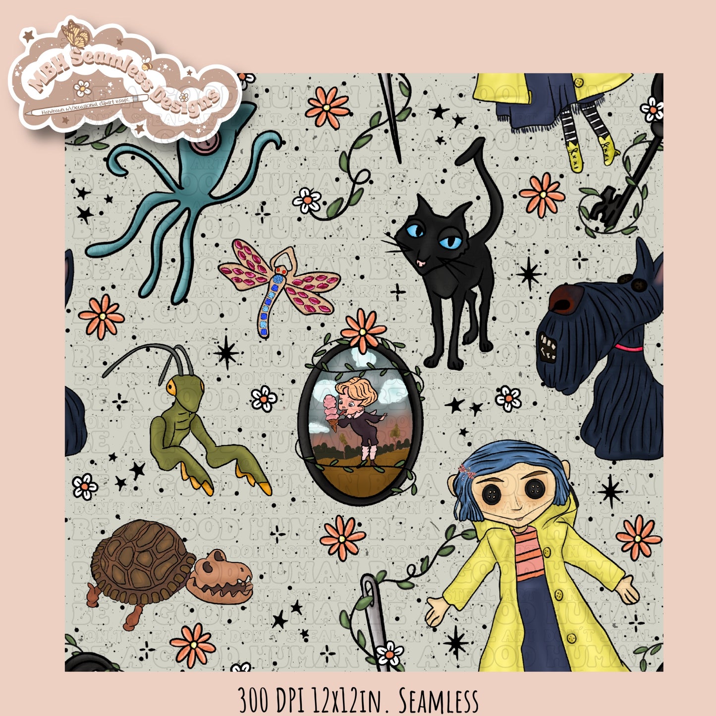 Boho Button Eyes Floral Seamless Pattern Multiple Colorway Options