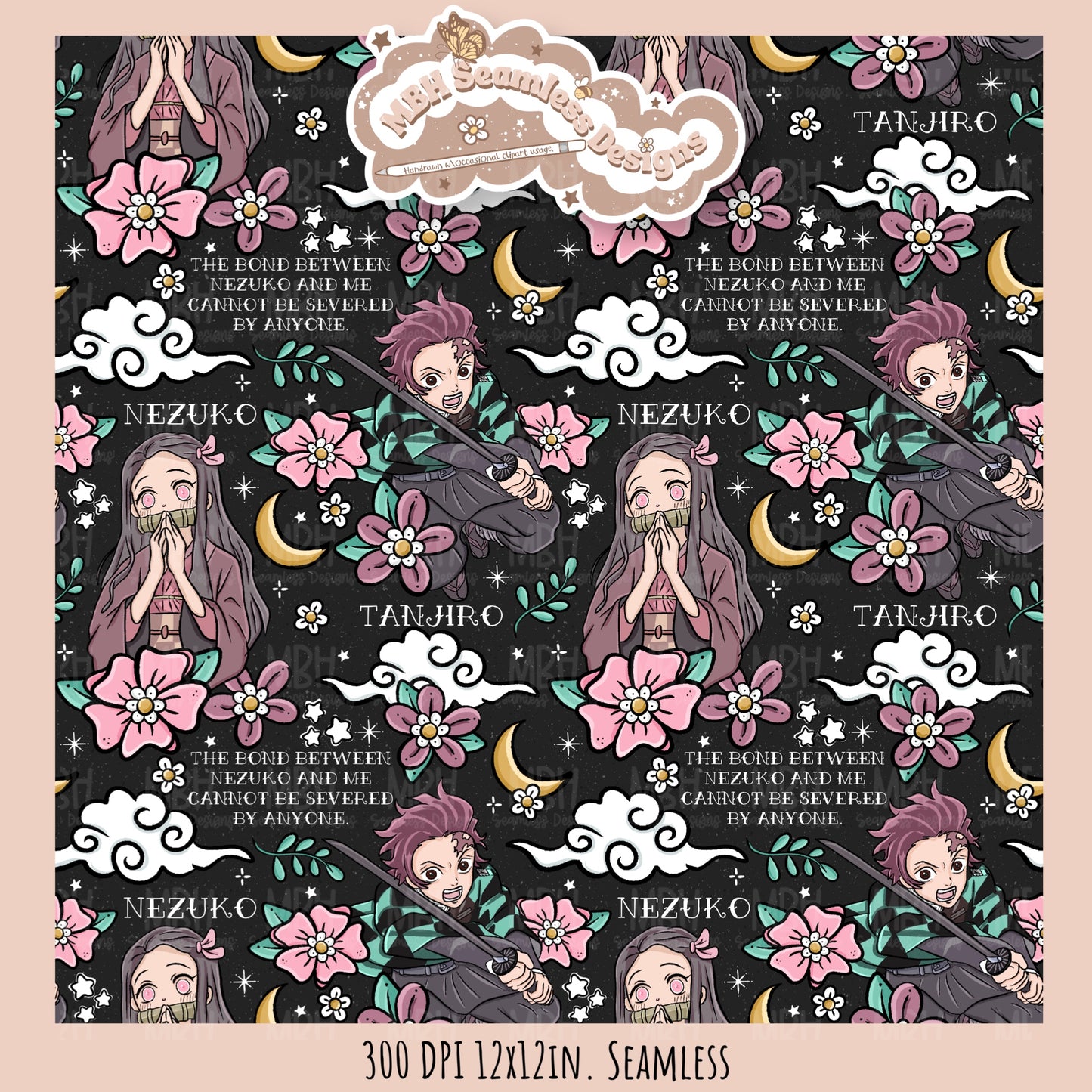 Tanjiro Nezuko Quote Floral Seamless Pattern // PNG // MULTIPLE COLORWAY OPTIONS