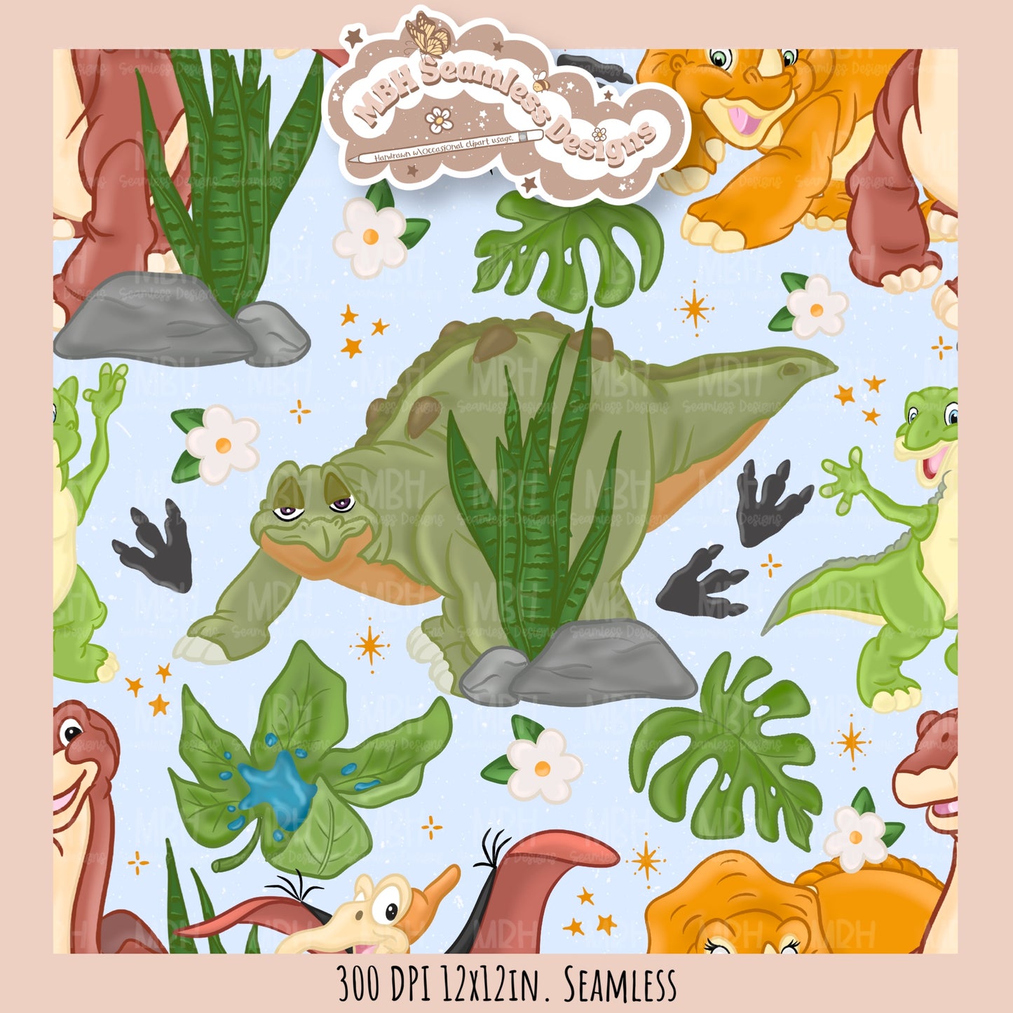 LBT Daisy Dinosaurs Seamless Pattern // Multiple Colorway Options
