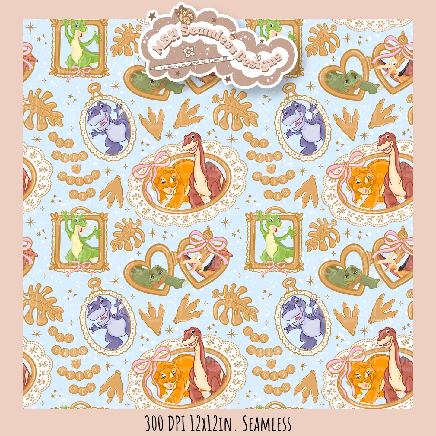 LBT Dinosaur Gold Charms Seamless Pattern // PNG // Multiple Colorway Options