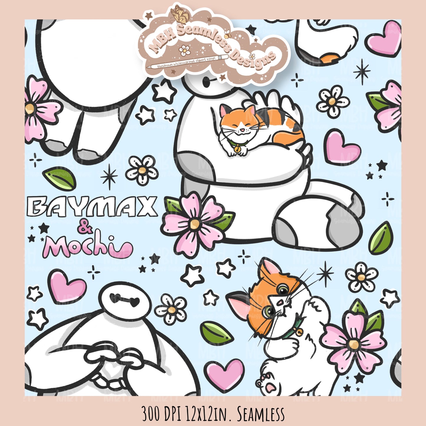 Floral Baymax Mochi Seamless Pattern // Multiple Colorway Options