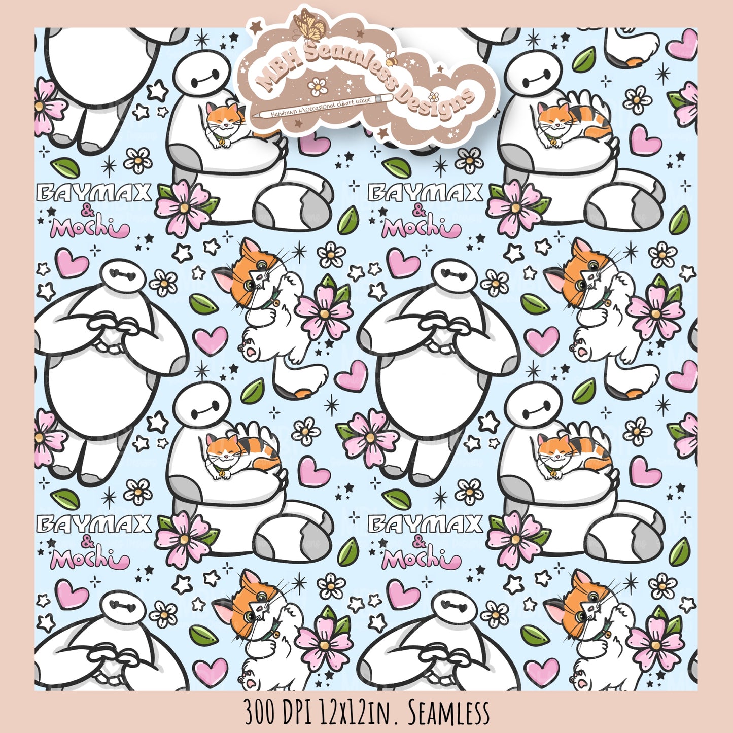 Floral Baymax Mochi Seamless Pattern // Multiple Colorway Options