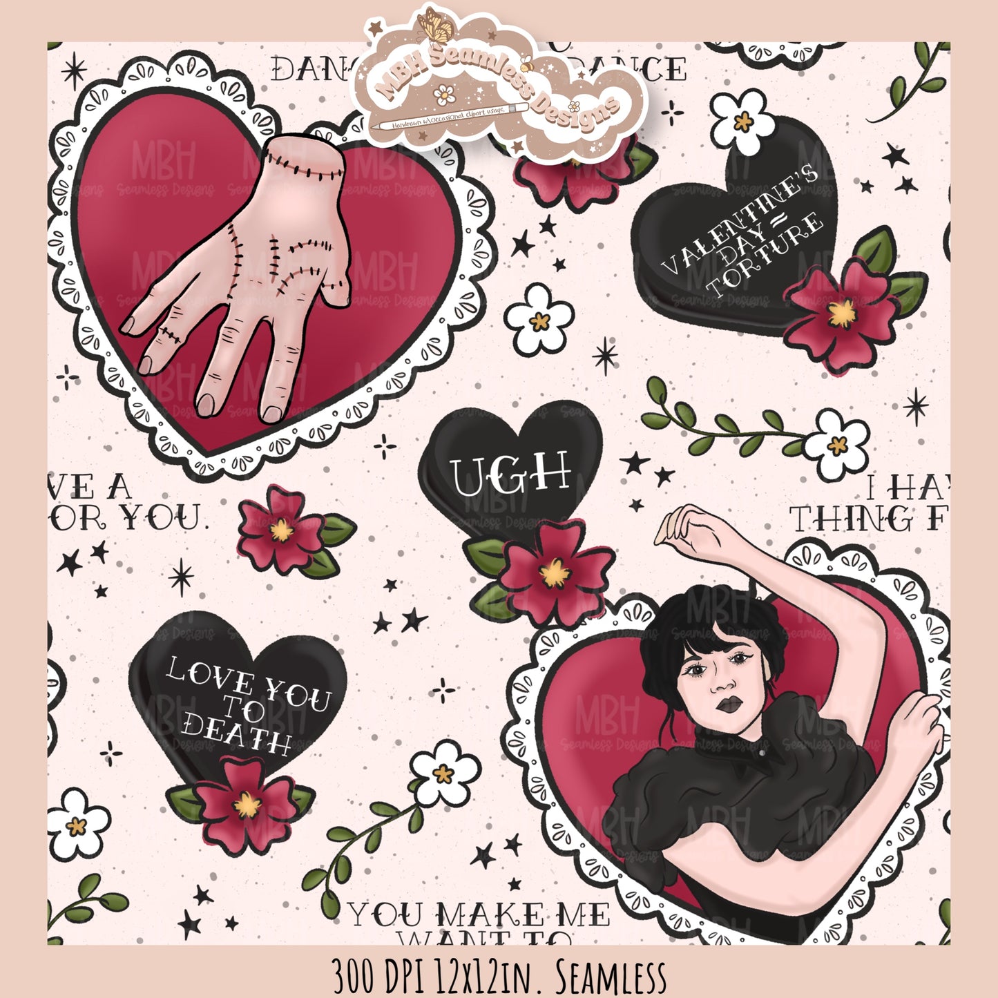 Wednesday Red Tattoo Hearts  Seamless Pattern // PNG // Assorted Colorways