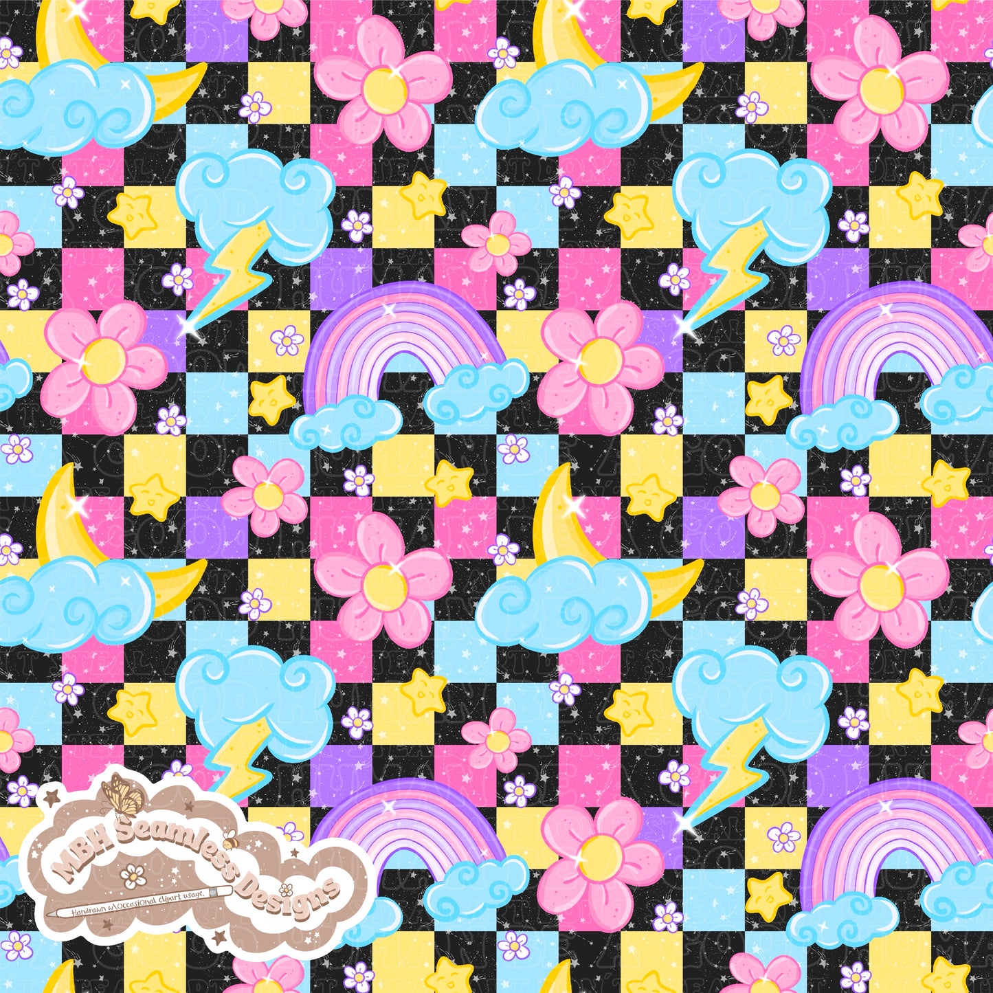 Checkered Starry Floral Rainbow Skies Seamless Pattern MULTIPLE COLORWAYS