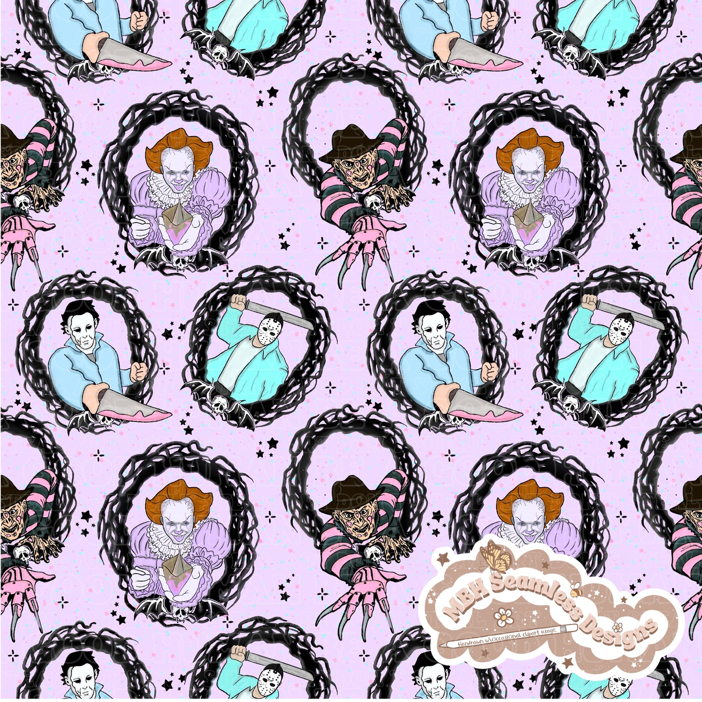 Pastel Horror Mashup Frames Seamless Pattern Multiple Colorways