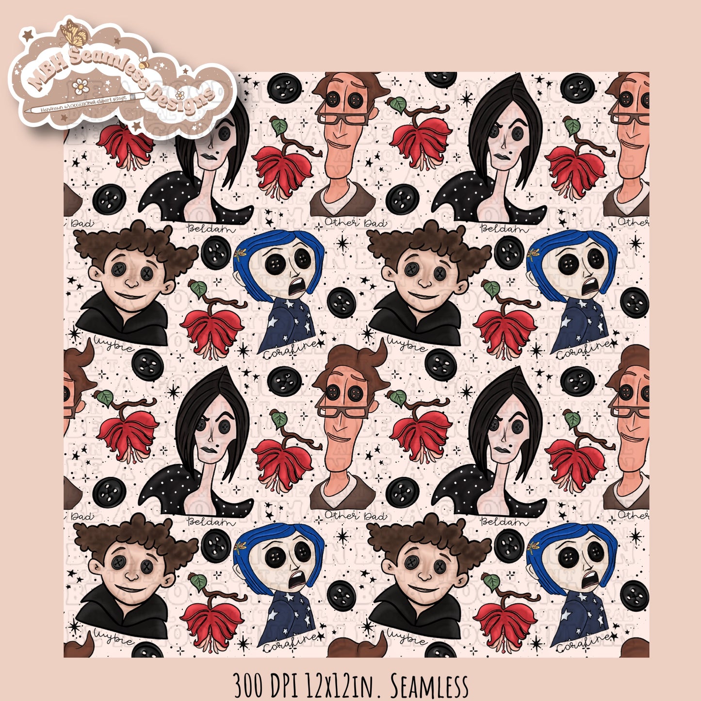 Bleeding Hearts Button Eyes Seamless Pattern Multiple Colorway Options