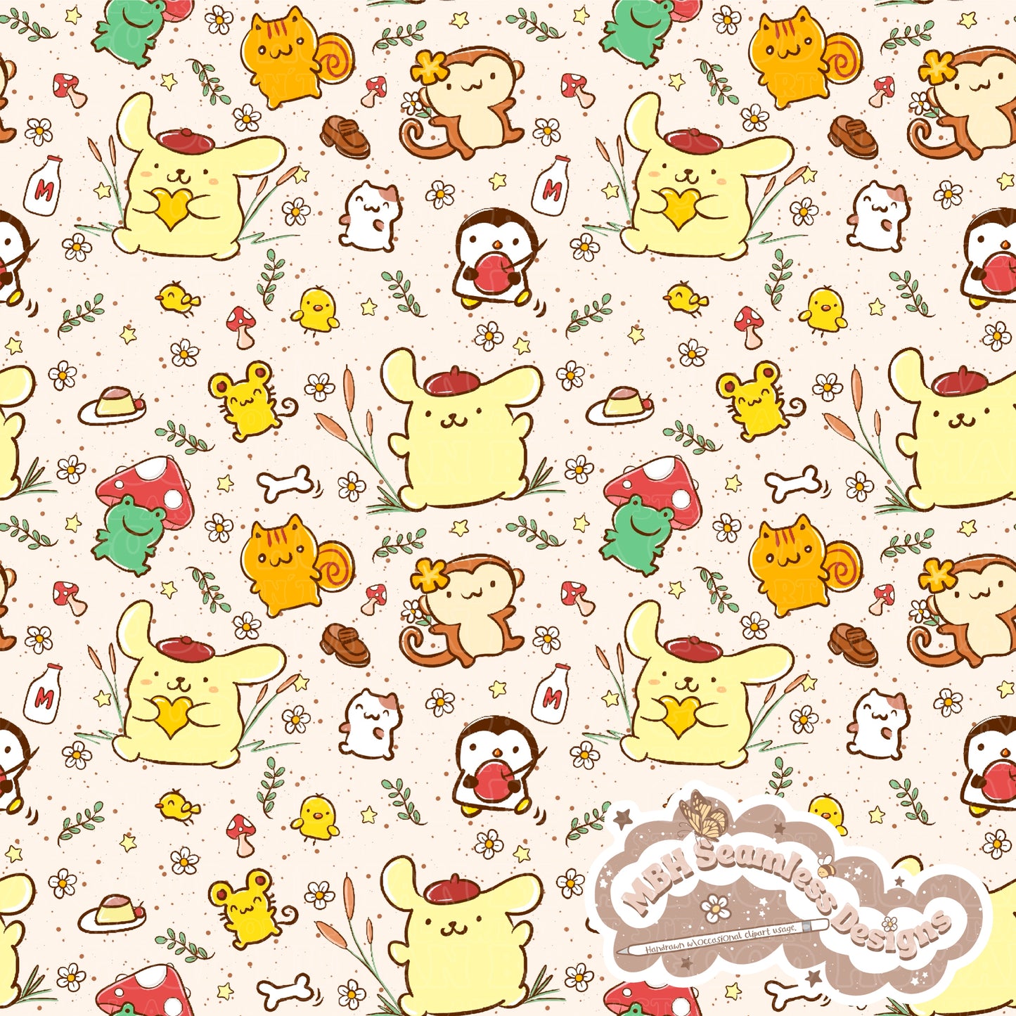 Pompompurin Daisy Shrooms Seamless Pattern & PNG MULTIPLE COLORWAYS