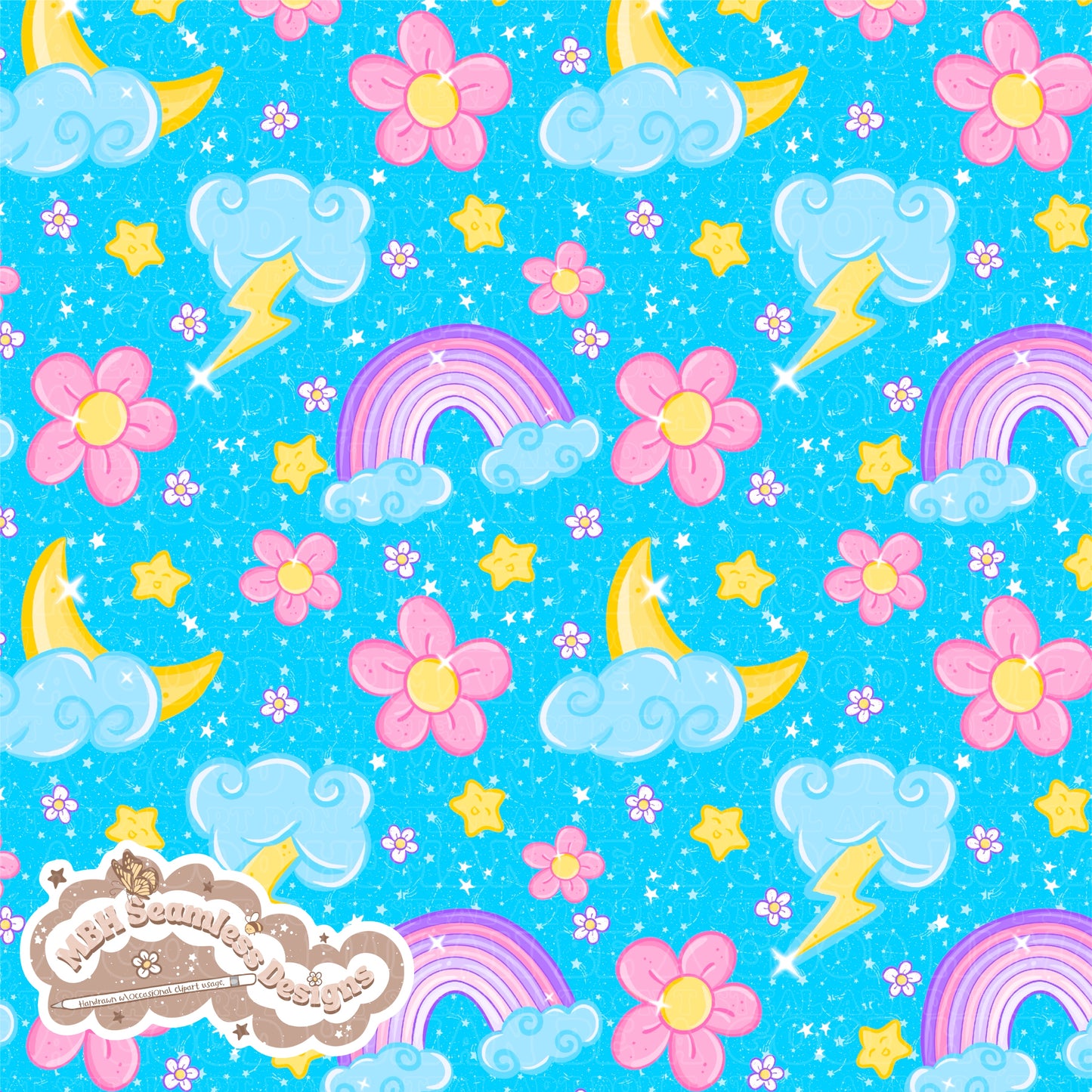 Starry Floral Rainbow Skies Seamless Pattern MULTIPLE COLORWAYS