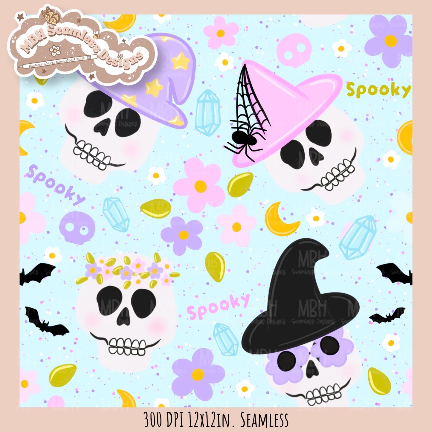 Boho Spooky Skulls Seamless Pattern // PNG // Assorted Colorway Options