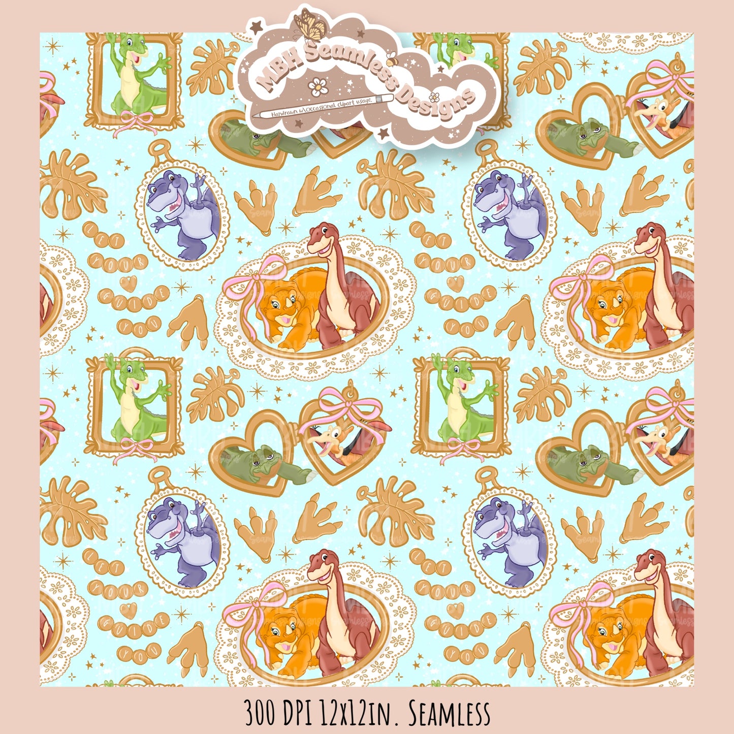 LBT Dinosaur Gold Charms Seamless Pattern // PNG // Multiple Colorway Options