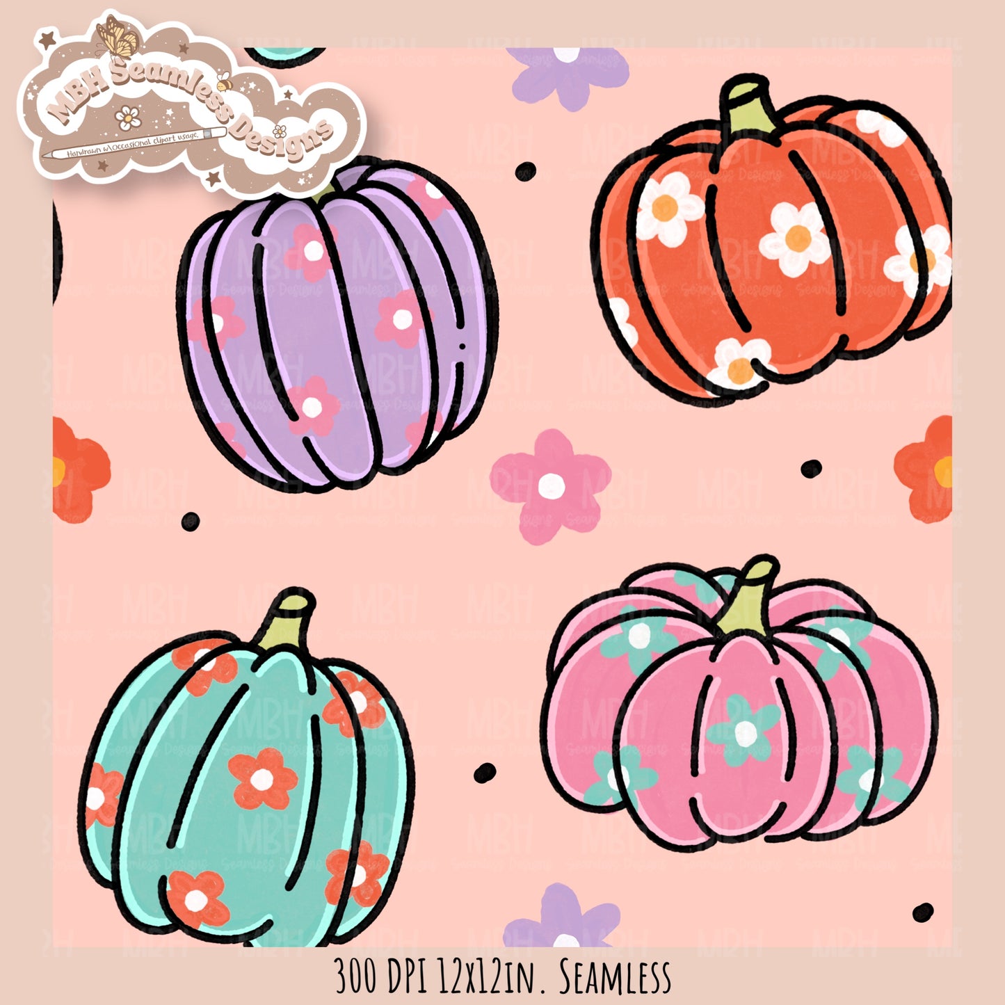 Daisy Pumpkins Seamless Pattern // Assorted Colorway Options
