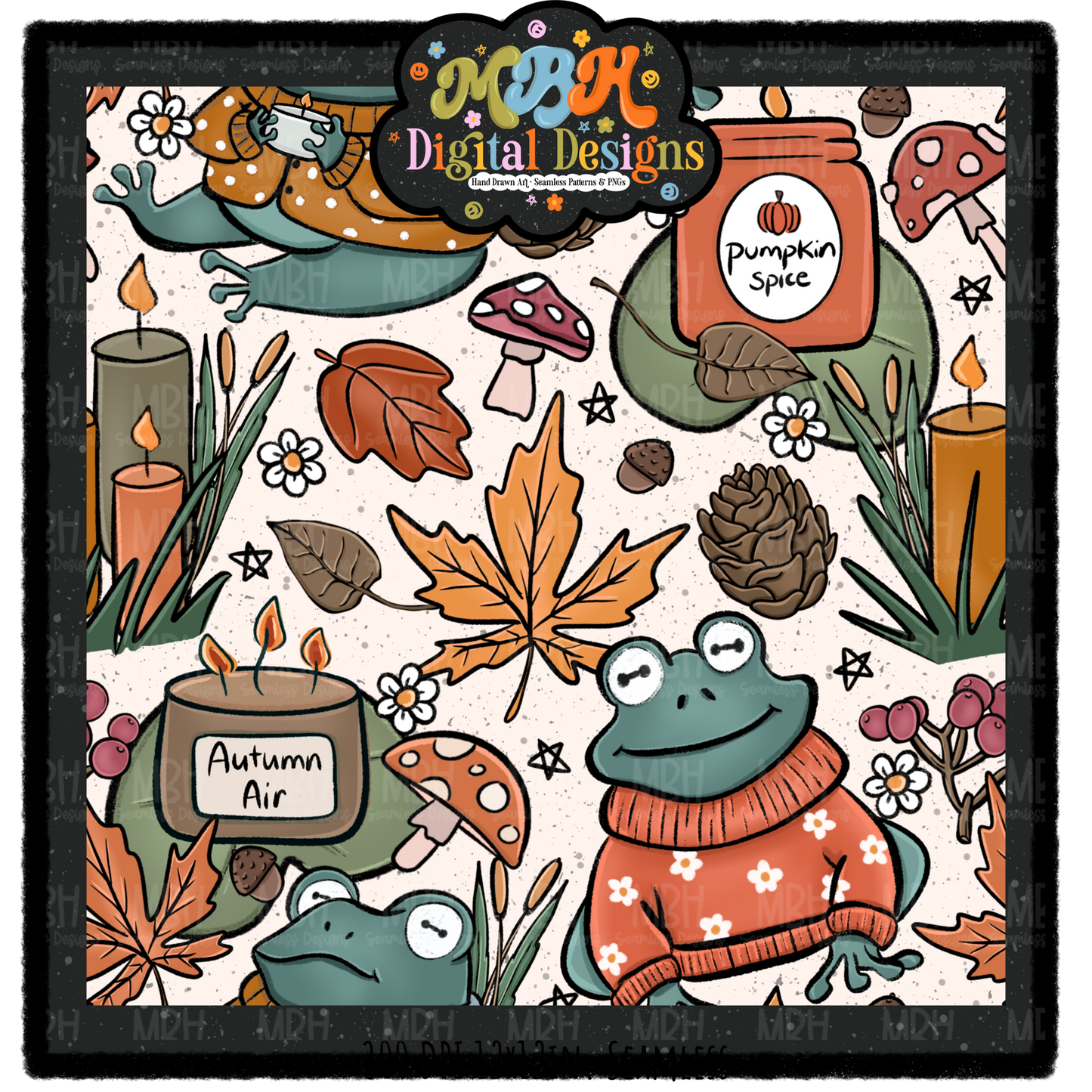 Cozy Fall Frogs Seamless Pattern // PNG // MULTIPLE COLORWAYS