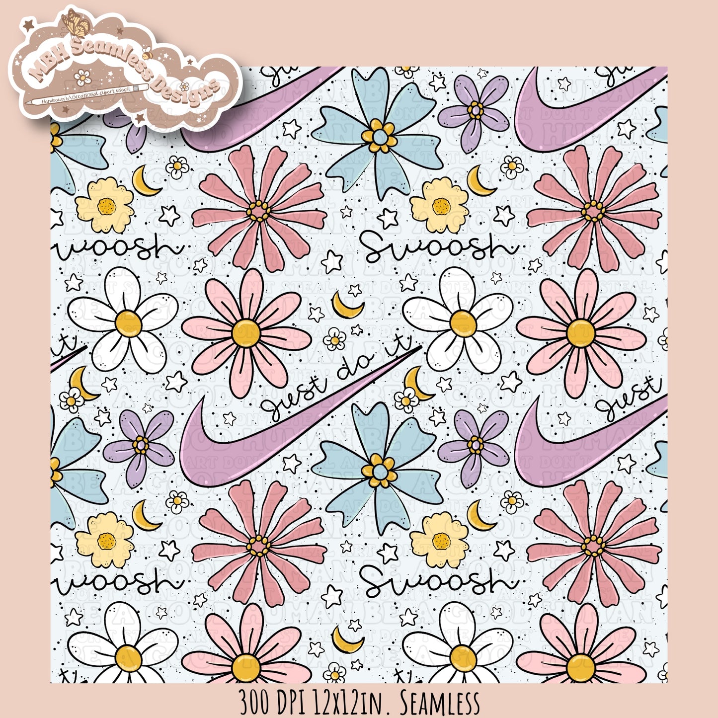 Floral Swoosh Seamless Pattern & PNG MULTIPLE COLORWAYS