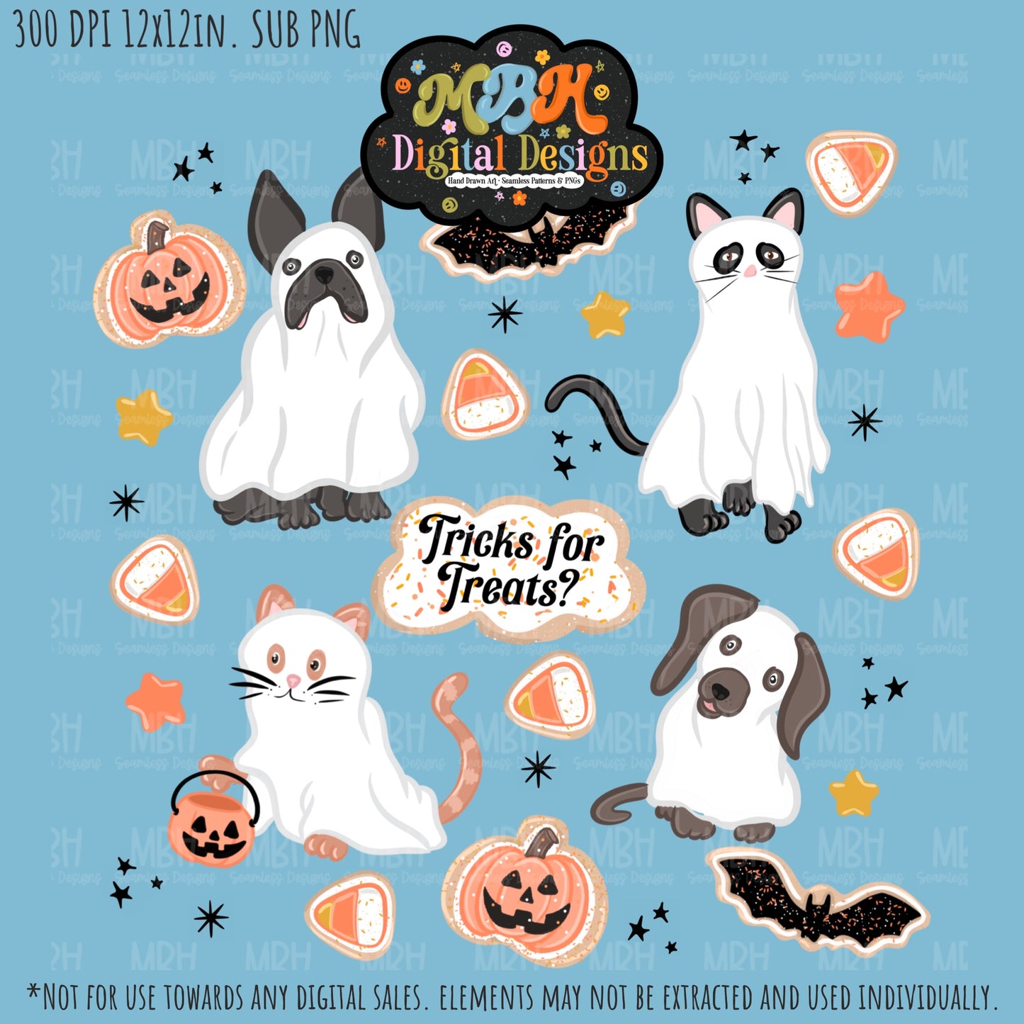 Ghost Cats & Dogs Seamless Pattern // PNG // MULTIPLE COLORWAYS