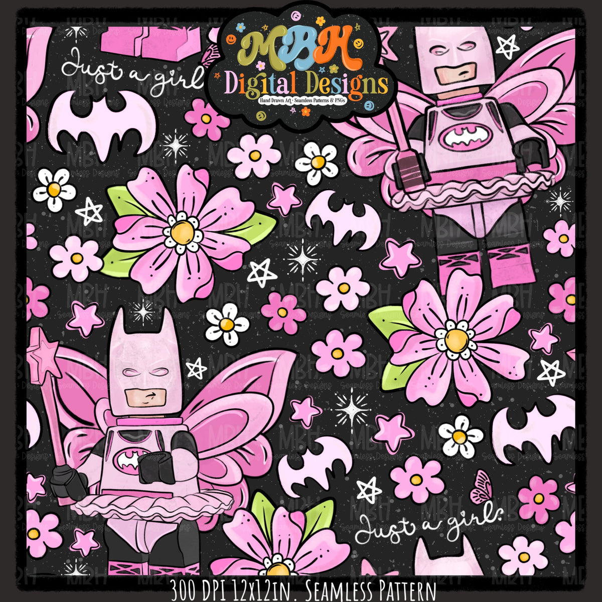 Floral Batgirl Seamless Pattern // PNG // MULTIPLE COLORWAYS