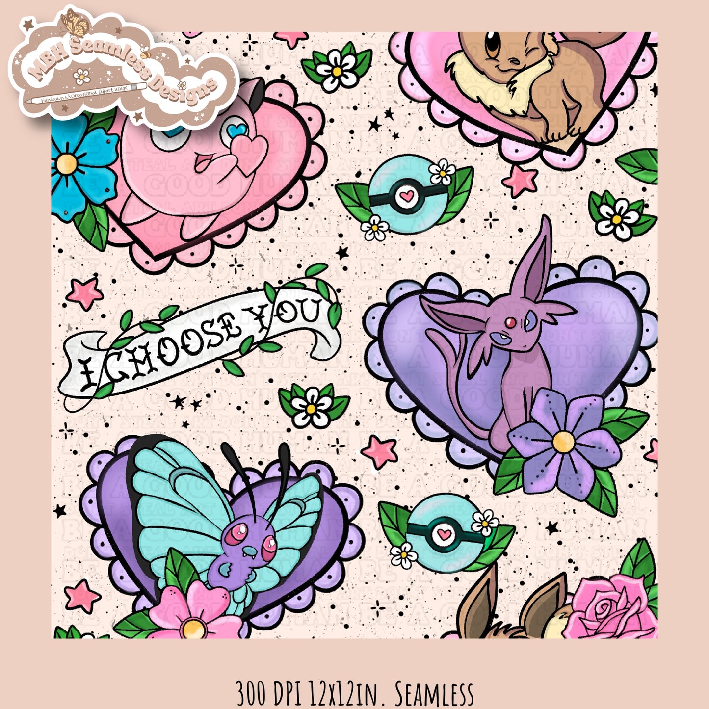 Pokémon Tattoo Hearts Seamless Pattern Multiple Colorways