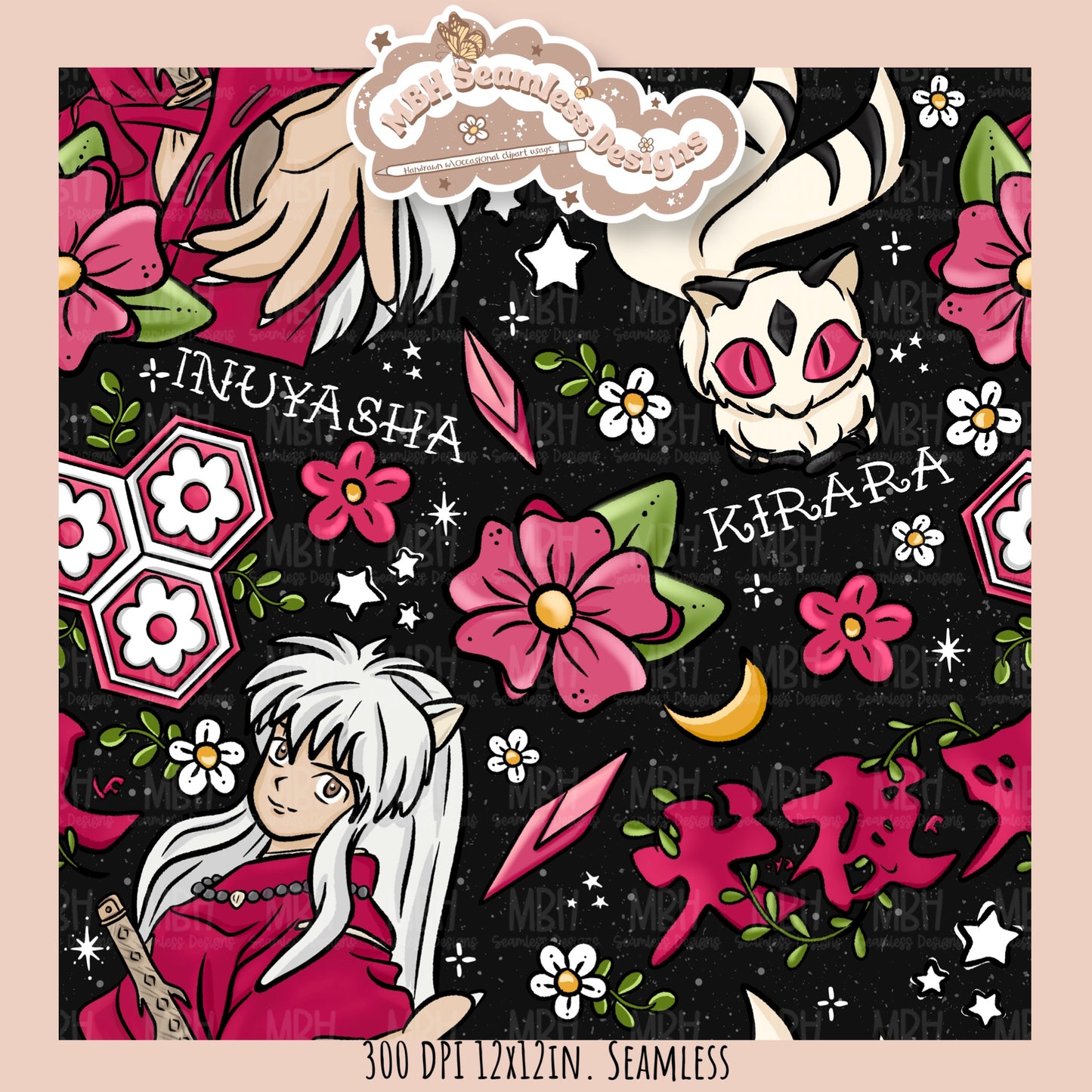 InuYasha Kirara Floral Seamless Pattern // PNG // MULTIPLE COLORWAY OPTIONS