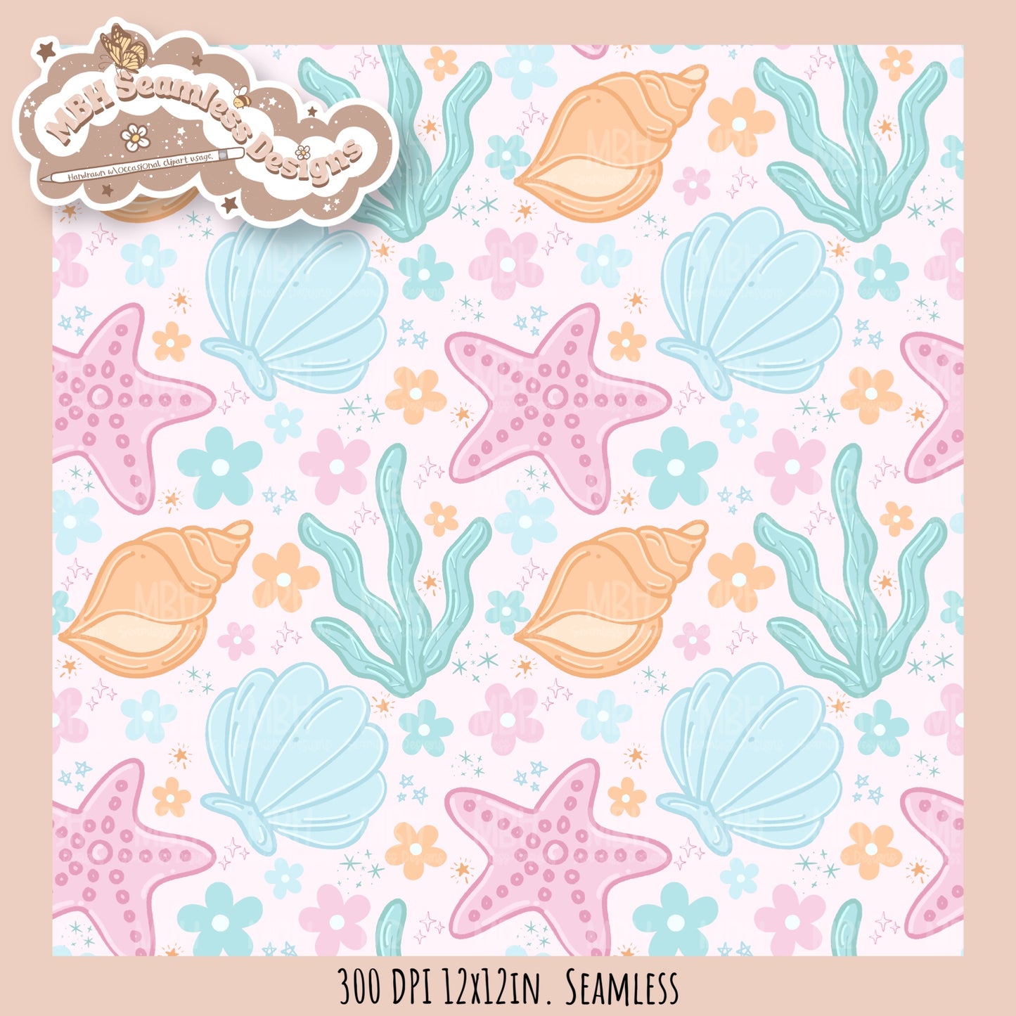 Pastel Seashells & Daisies Seamless Pattern MULTIPLE COLORWAYS