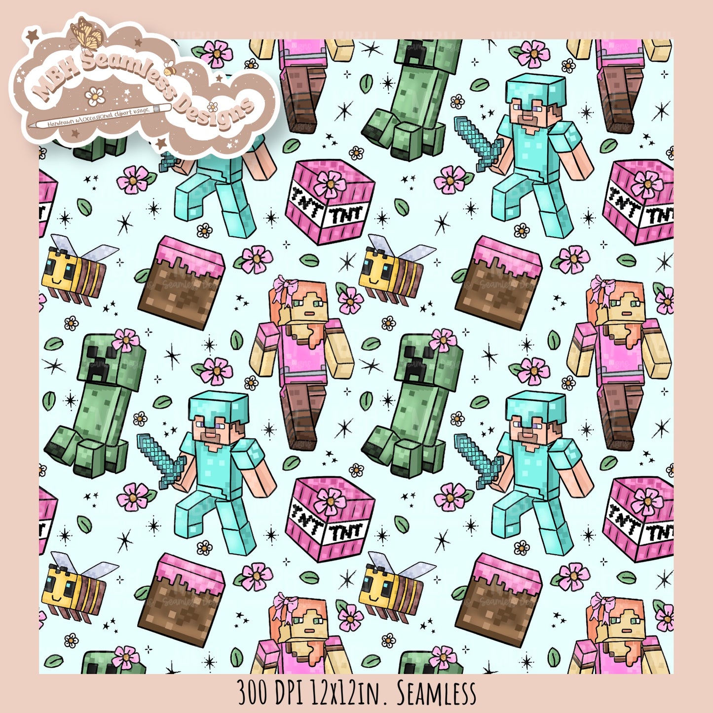 Girly Minecraft Seamless Pattern MULTIPLE COLORWAYS