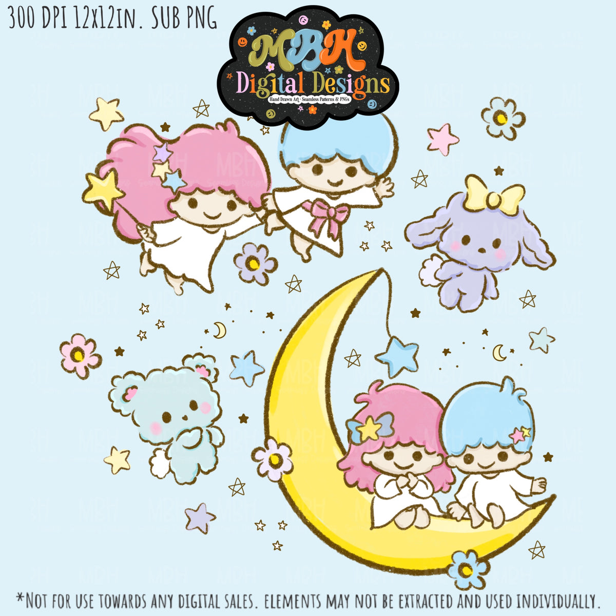 Little Twin Stars Seamless Pattern // PNG // Assorted Colorways