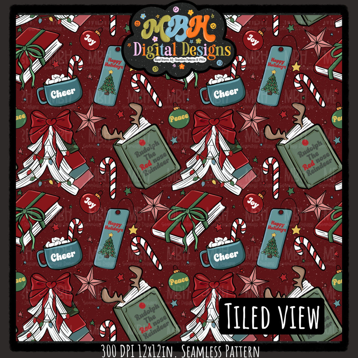 Moody Bookish Christmas Seamless Pattern // MULTIPLE COLORWAYS
