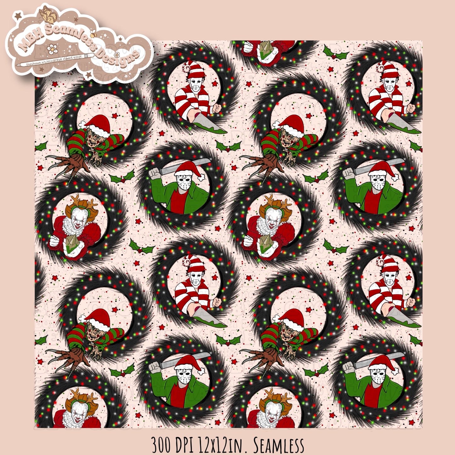 Christmas Horror Mashup Seamless Pattern MULTIPLE COLORWAY OPTIONS