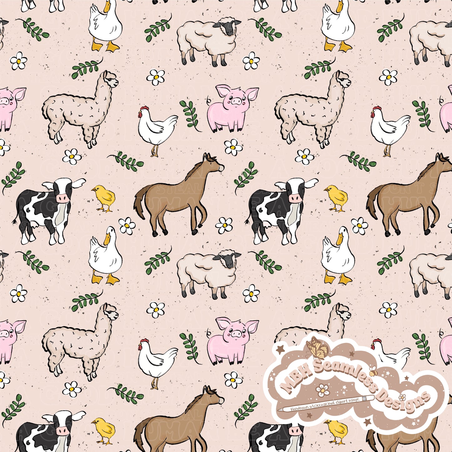 Boho Farm Animals Seamless Pattern MULTIPLE COLORWAYS