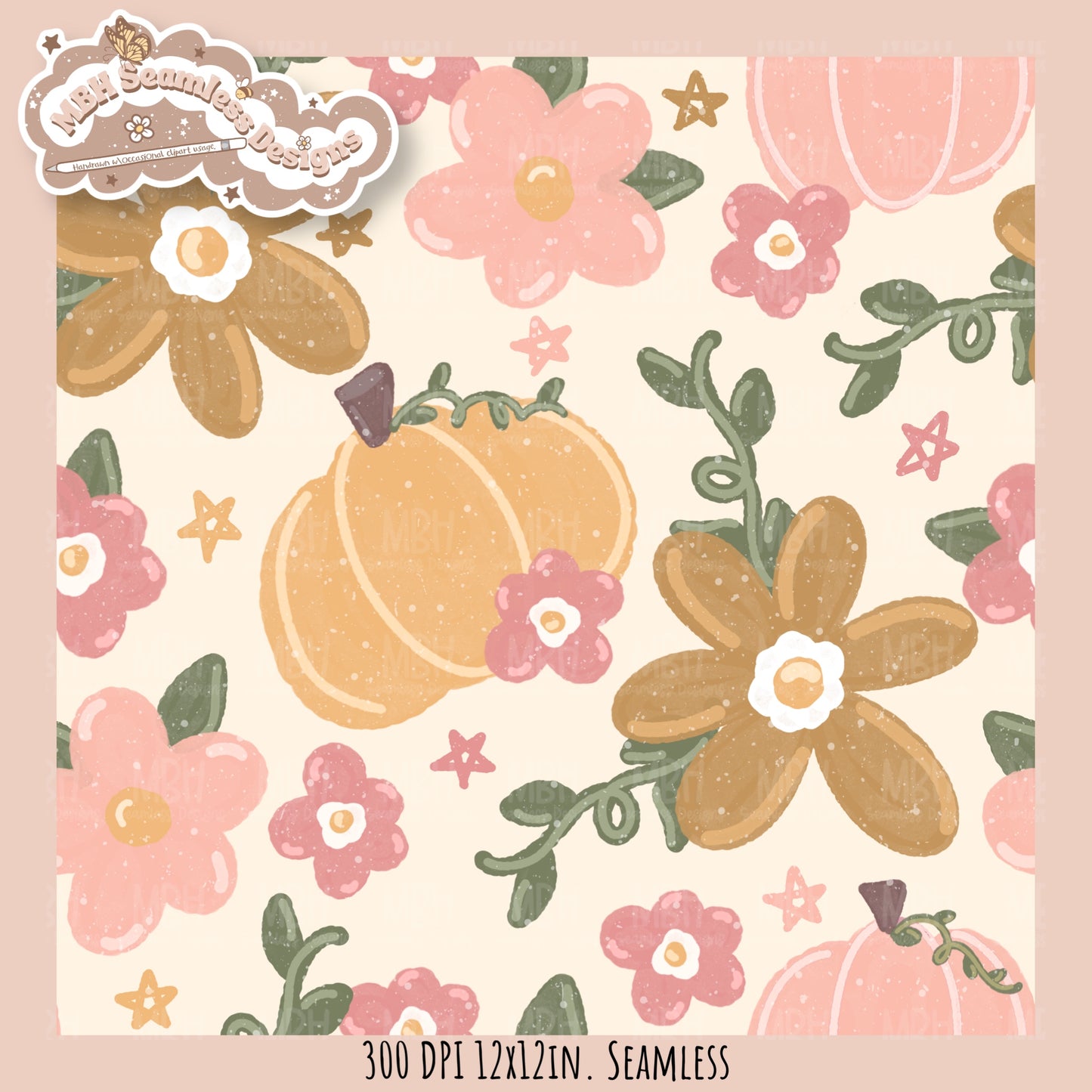 Dusty Fall Floral Pumpkins Seamless Pattern•Multiple Colorways