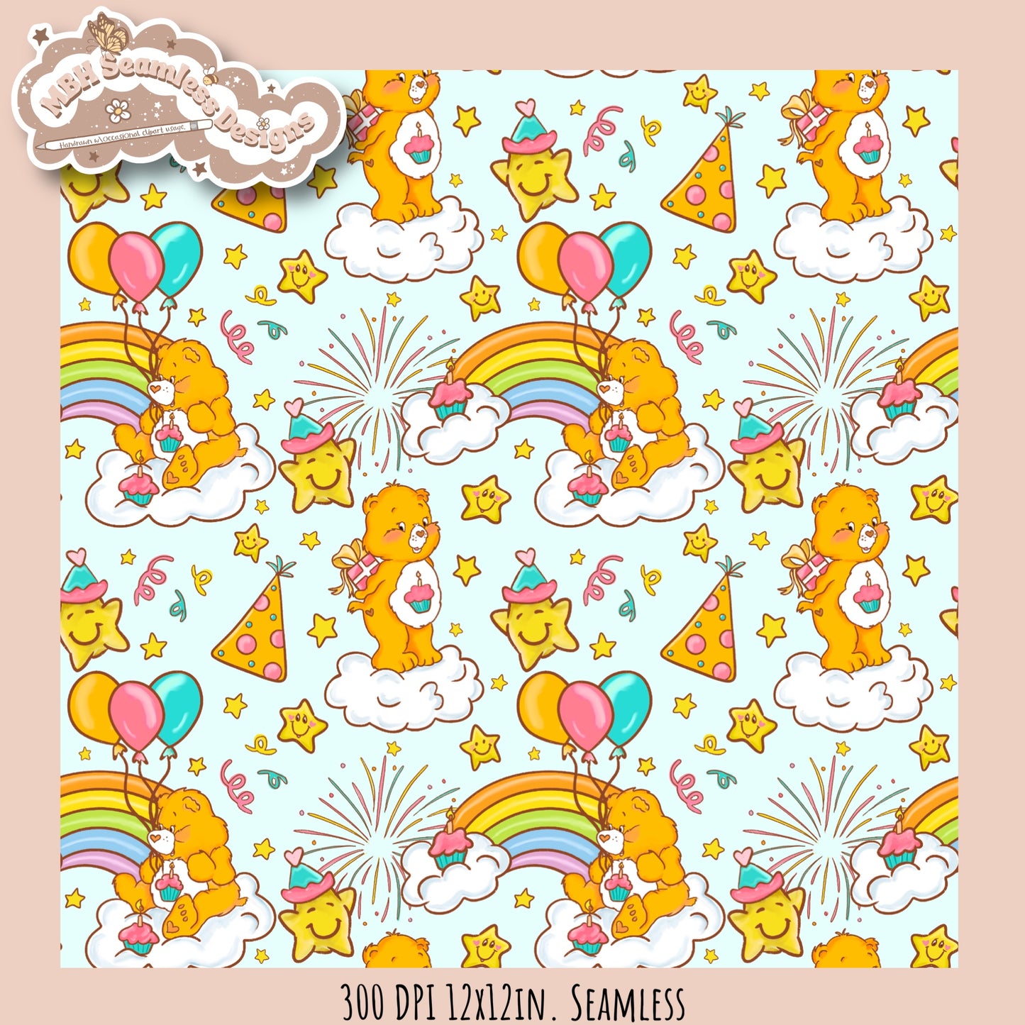 Birthday Care Bear Seamless Pattern & PNG MULTIPLE COLORWAY OPTIONS