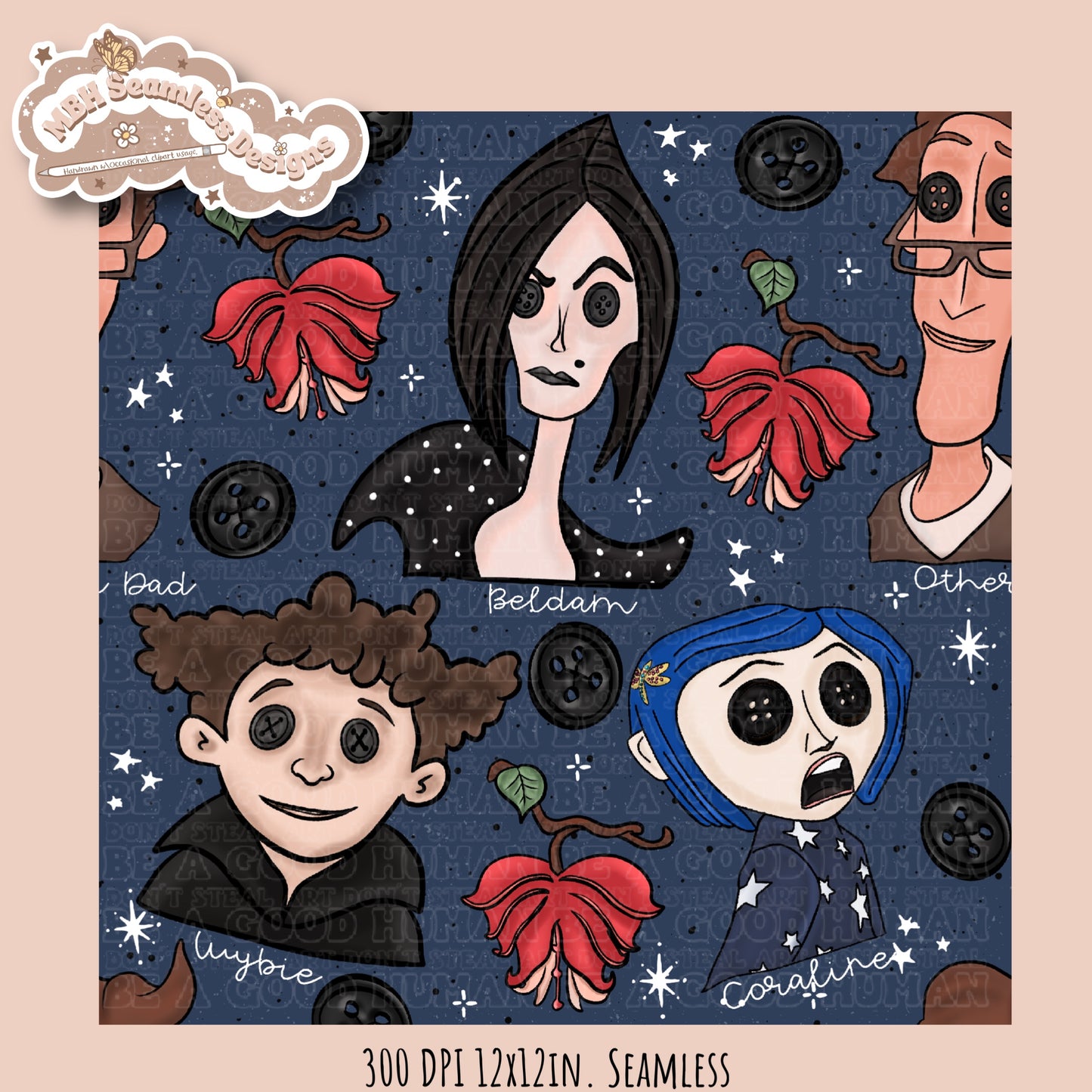 Bleeding Hearts Button Eyes Seamless Pattern Multiple Colorway Options