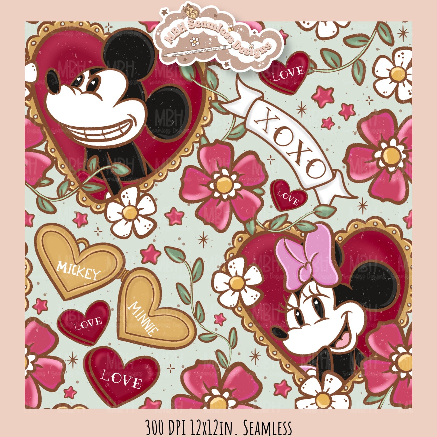 Tattoo FloralMouse Hearts Seamless Pattern // PNG //Multiple Colorways