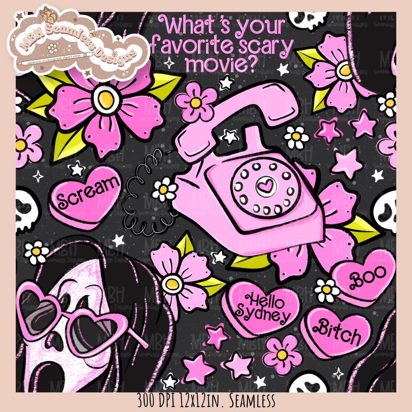 Glitter Tattoo Floral x Ghostface Seamless Pattern // PNG //Multiple Colorway Options