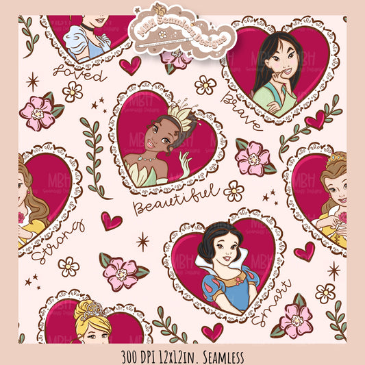 Princess Vintage Hearts Seamless Pattern // PNG // Assorted Colorways