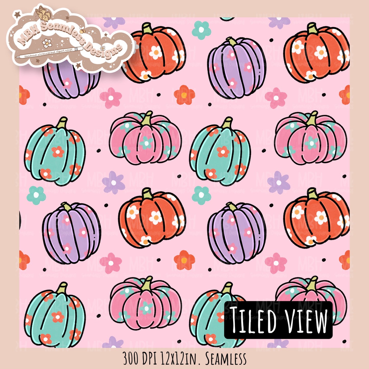 Daisy Pumpkins Seamless Pattern // Assorted Colorway Options