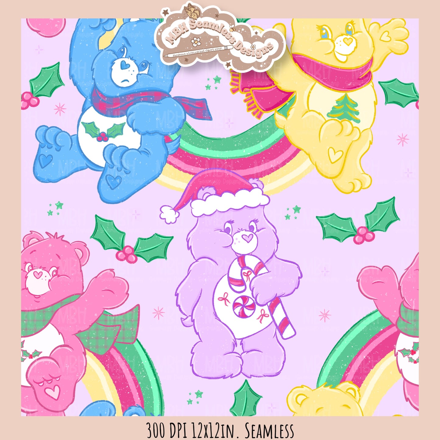 Holiday Care Bears Seamless Pattern // Assorted Colorway Options