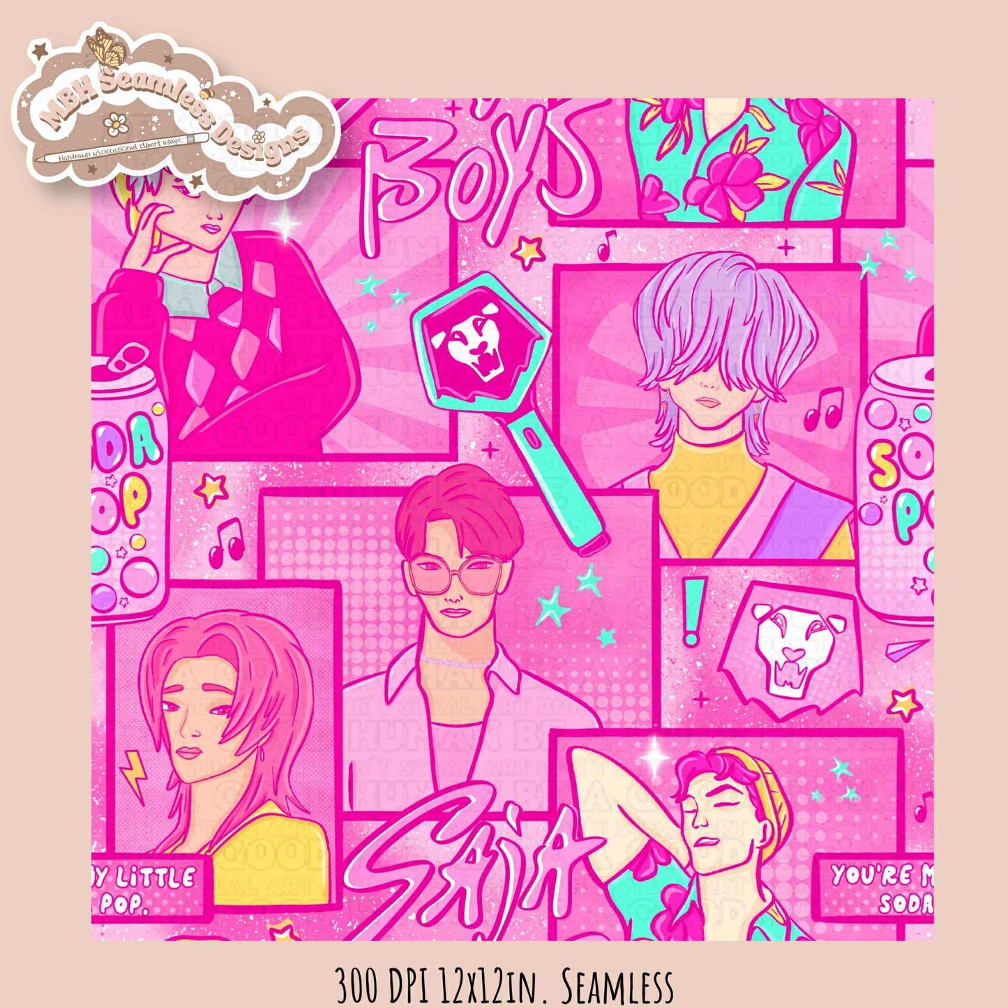 Pink Comic Soda Pop Boys Seamless Pattern // Assorted Colorway Options