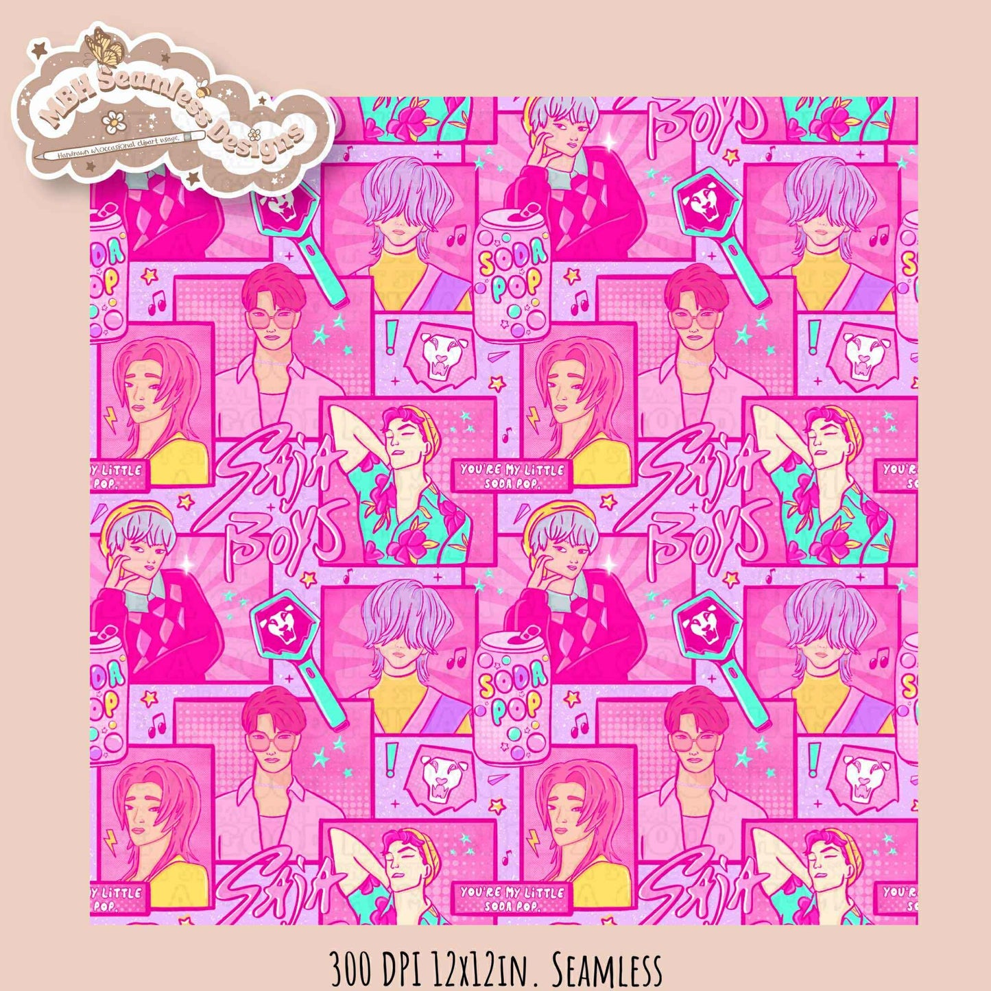Pink Comic Soda Pop Boys Seamless Pattern // Assorted Colorway Options