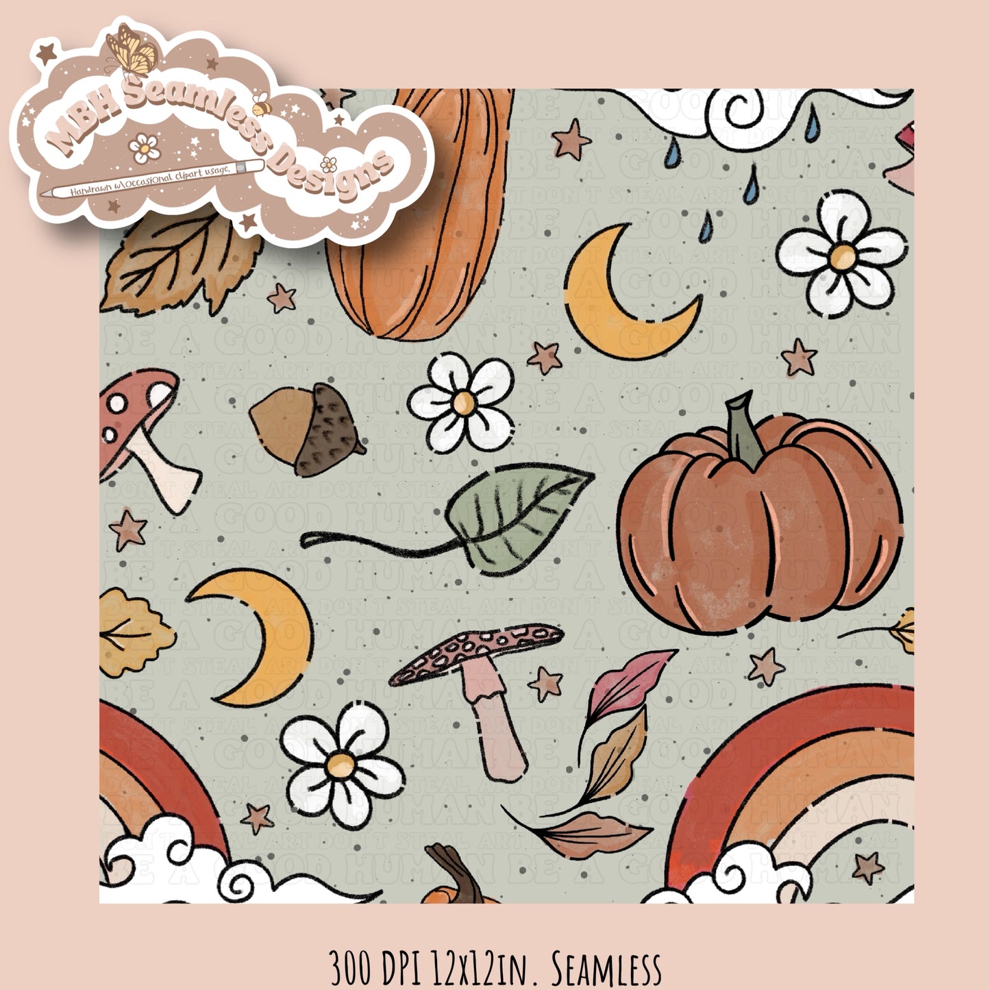 Boho Pumpkins Rainbow Shrooms Seamless Pattern MULTIPLE COLORWAYS