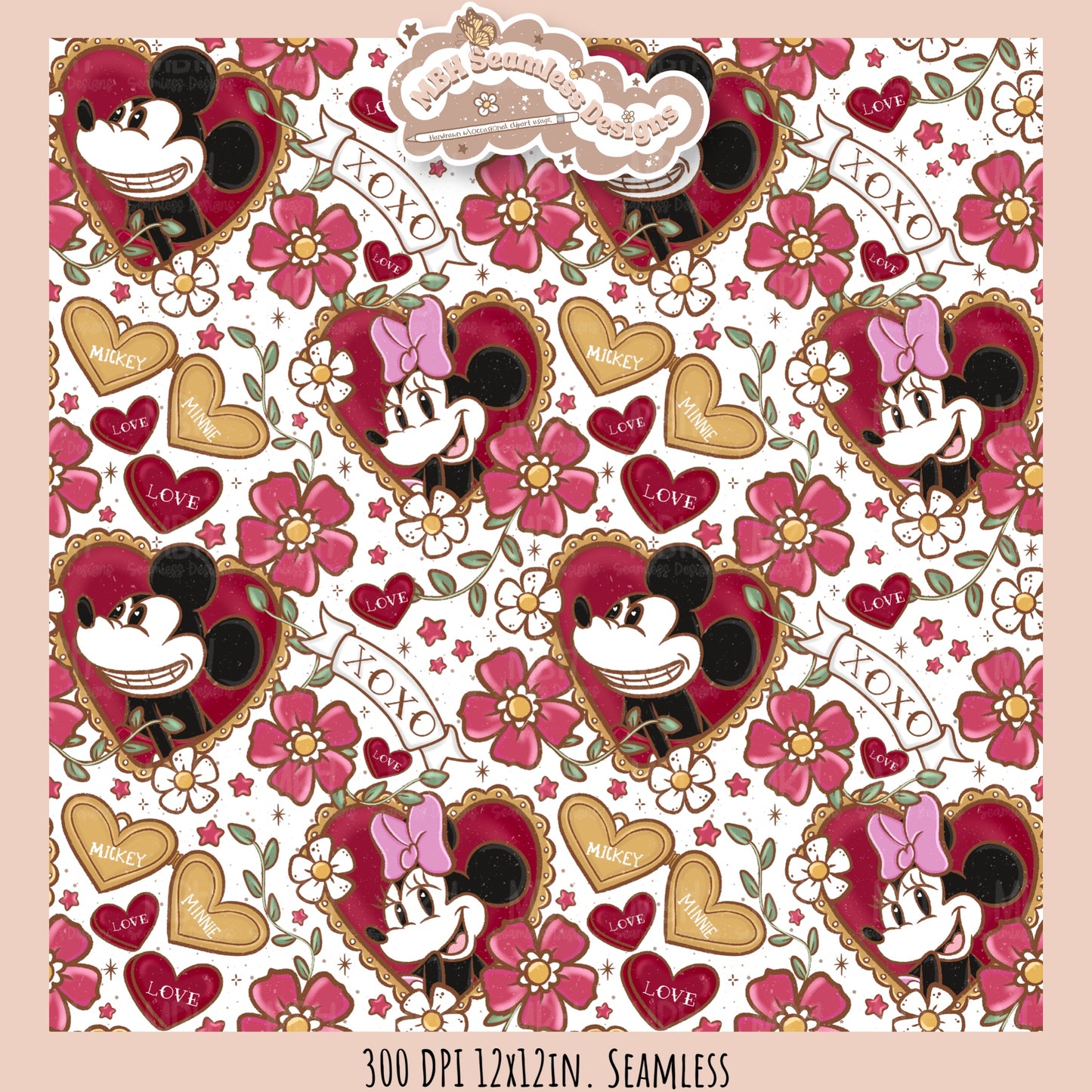 Tattoo FloralMouse Hearts Seamless Pattern // PNG //Multiple Colorways