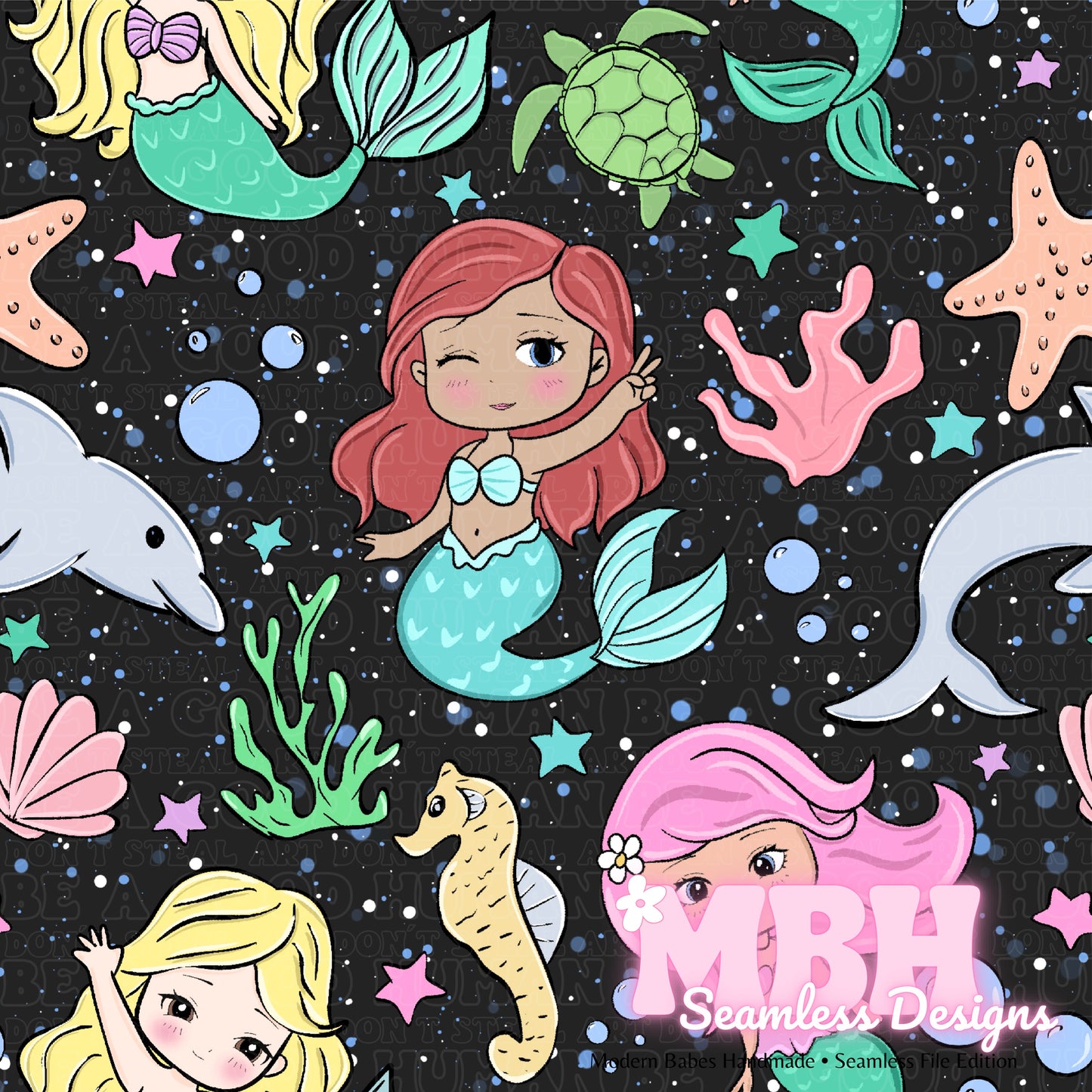 Chibi Mermaids Seamless Pattern MULTIPLE COLORWAYS