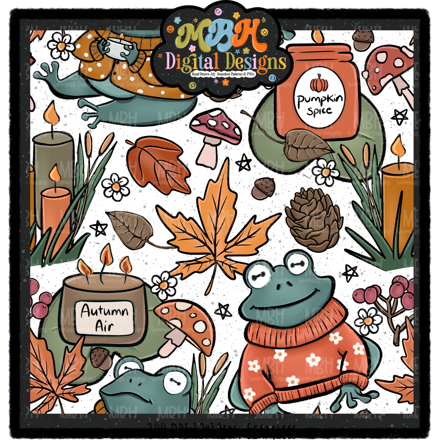 Cozy Fall Frogs Seamless Pattern // PNG // MULTIPLE COLORWAYS