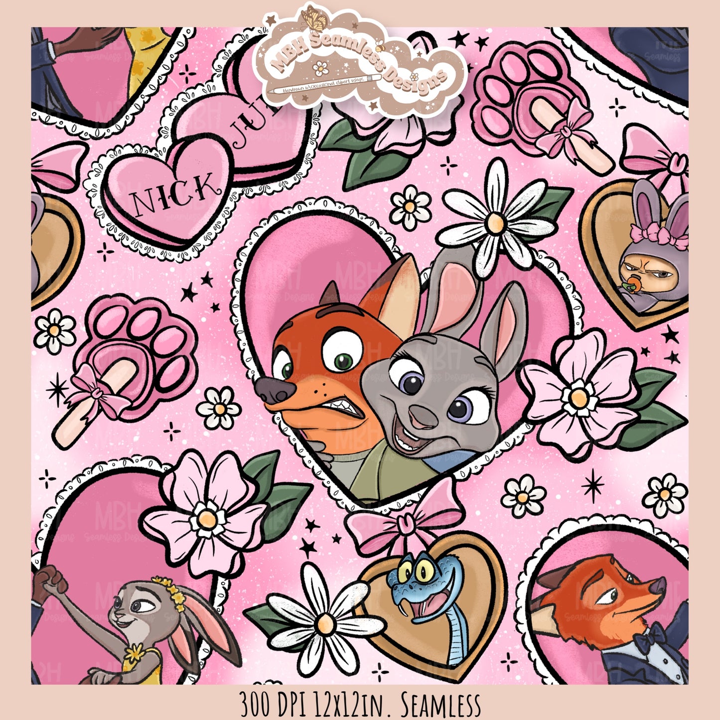 Nick & Judy Romance Seamless Pattern // PNG // Assorted Colorways