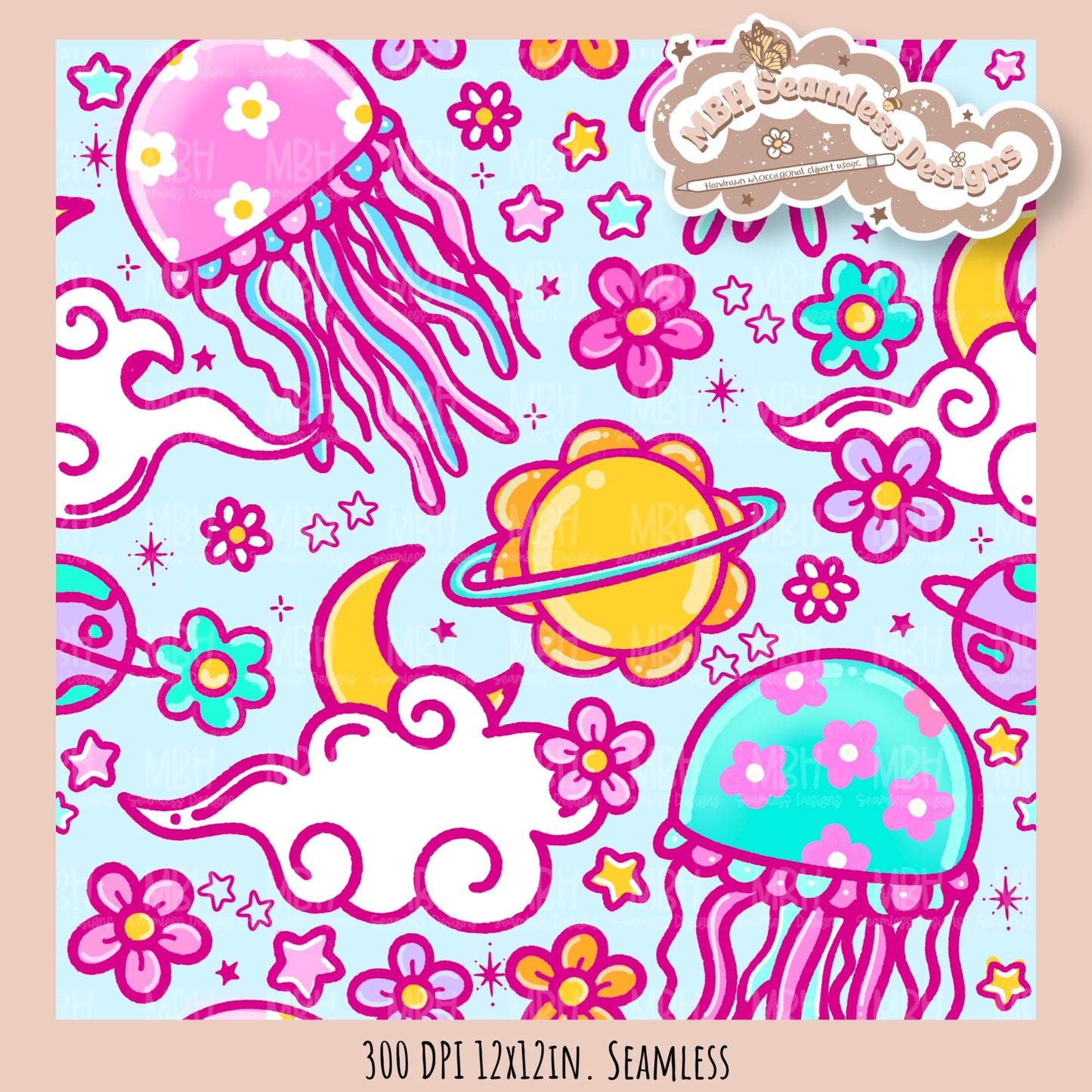 Space Jellyfish Seamless Pattern • Multiple Colorways •  Coordinates • PNG