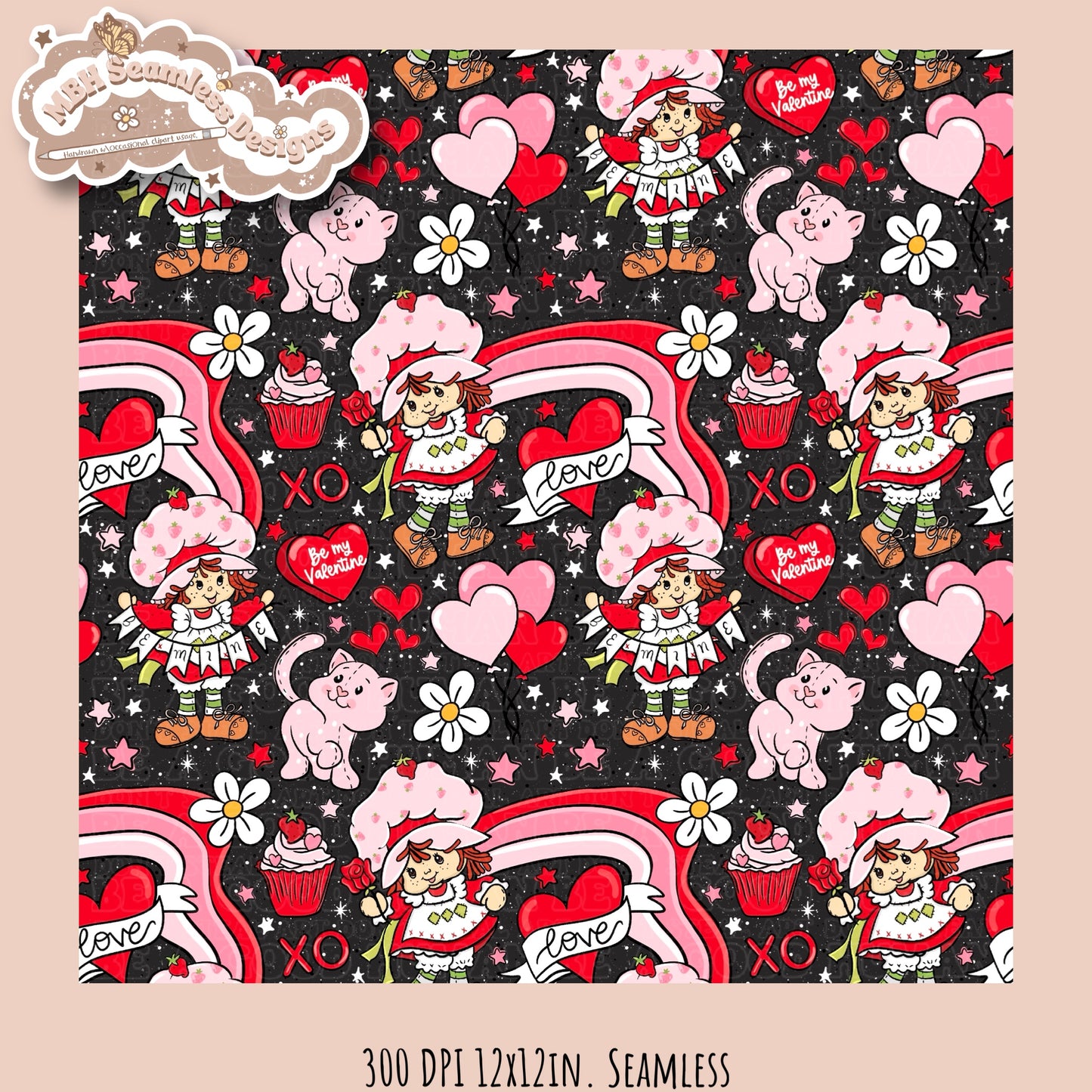 Strawberry Shortcake Valentine Seamless Pattern Multiple Colorways