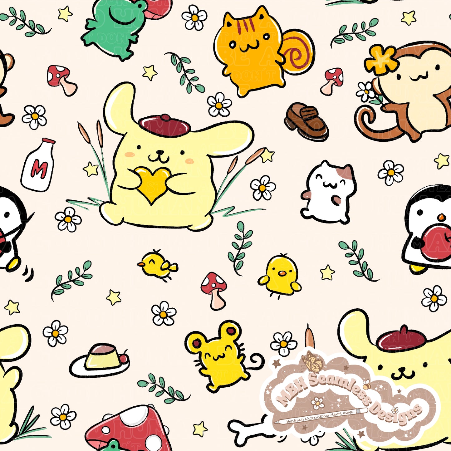 Pompompurin Daisy Shrooms Seamless Pattern & PNG MULTIPLE COLORWAYS