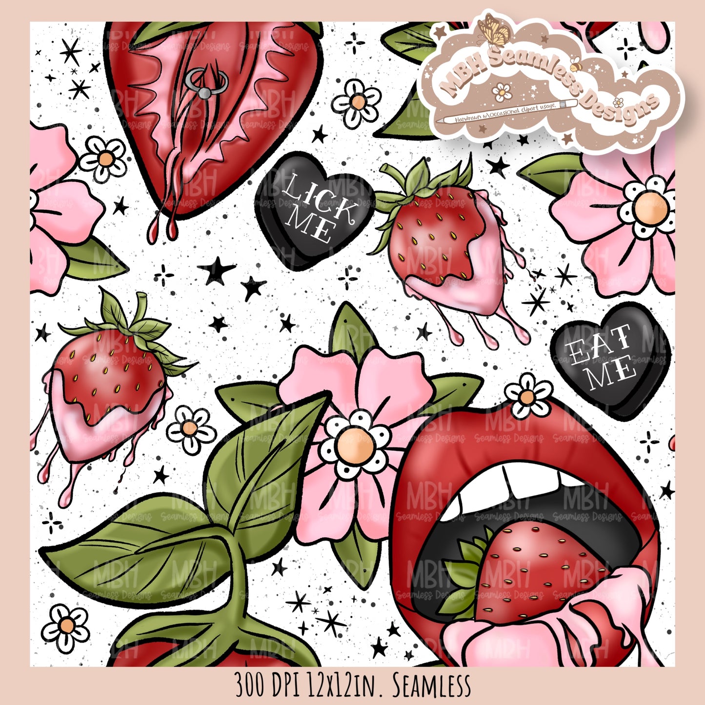 Dirty Tattoo Strawberries Seamless Pattern // PNG // ASSORTED COLORWAYS Seamless Pattern (Copy)