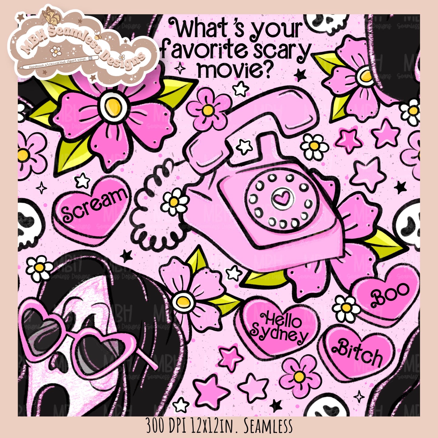 Glitter Tattoo Floral x Ghostface Seamless Pattern // PNG //Multiple Colorway Options